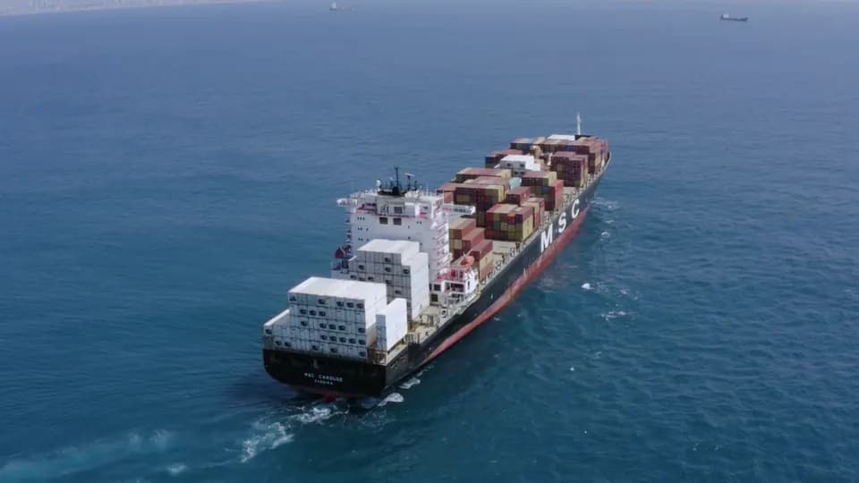 A container ship under way